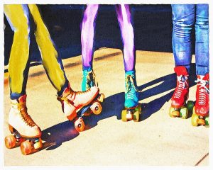 watercolor, girls roller skate, skating